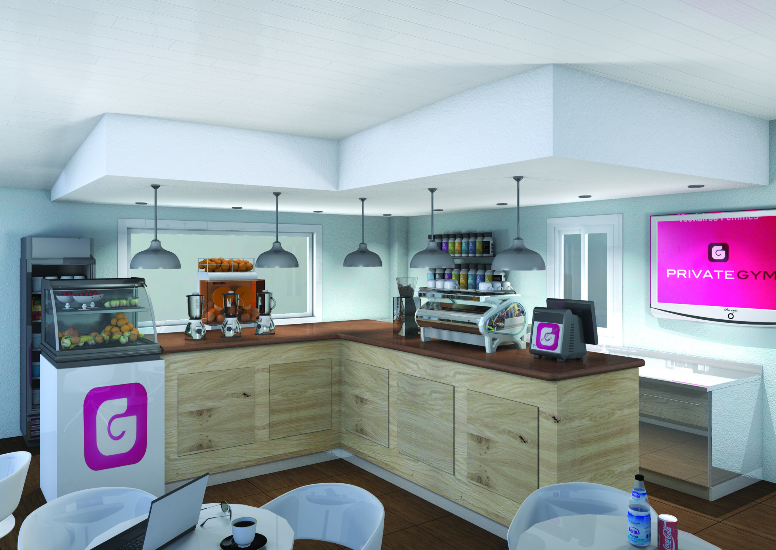 A 3D render of the final version of this coffee shop within a private gym